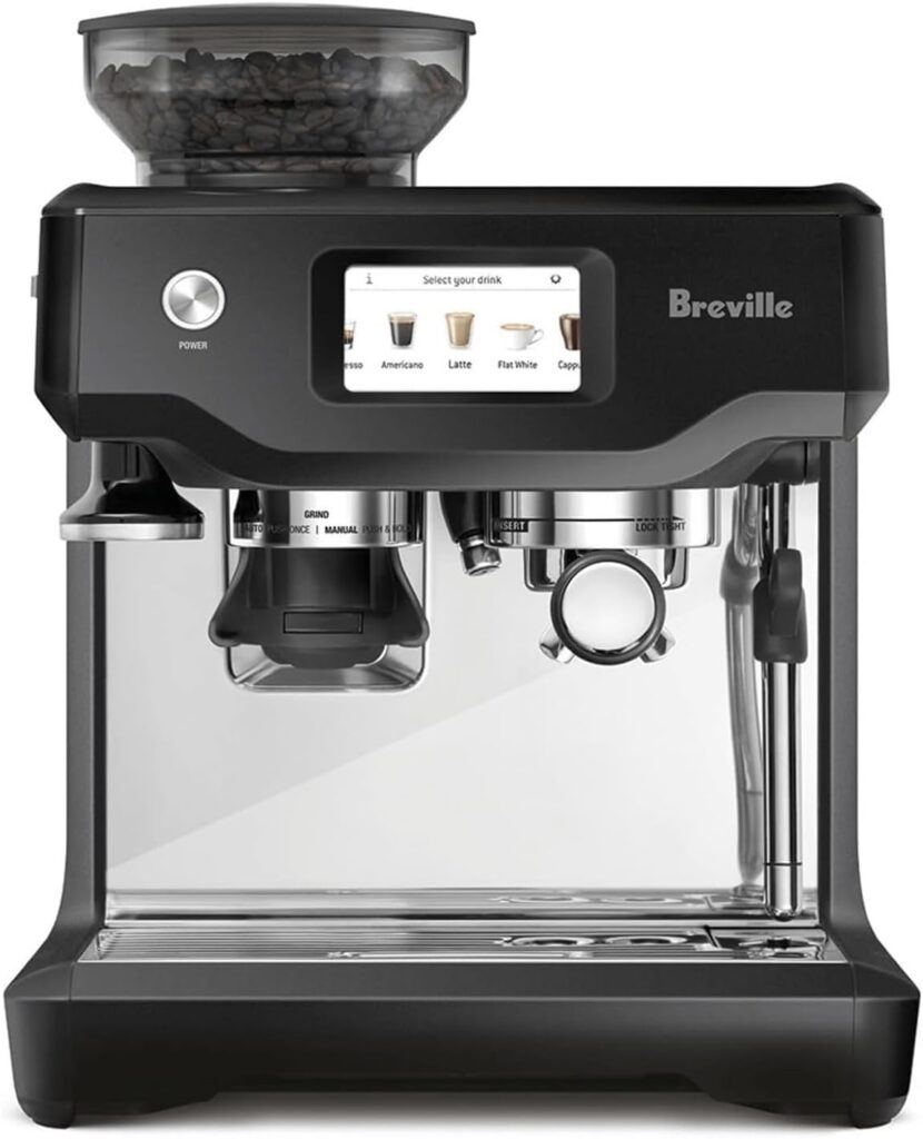 a black and clear coffee machine with a screen