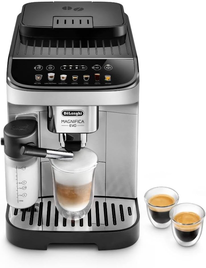 a De'Longhi coffee machine with two cups of coffee