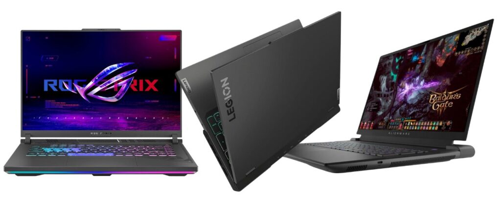 a group of gaming laptops with a screen