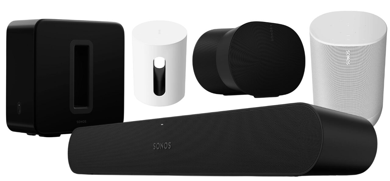 a group of Sonos black and white speakers