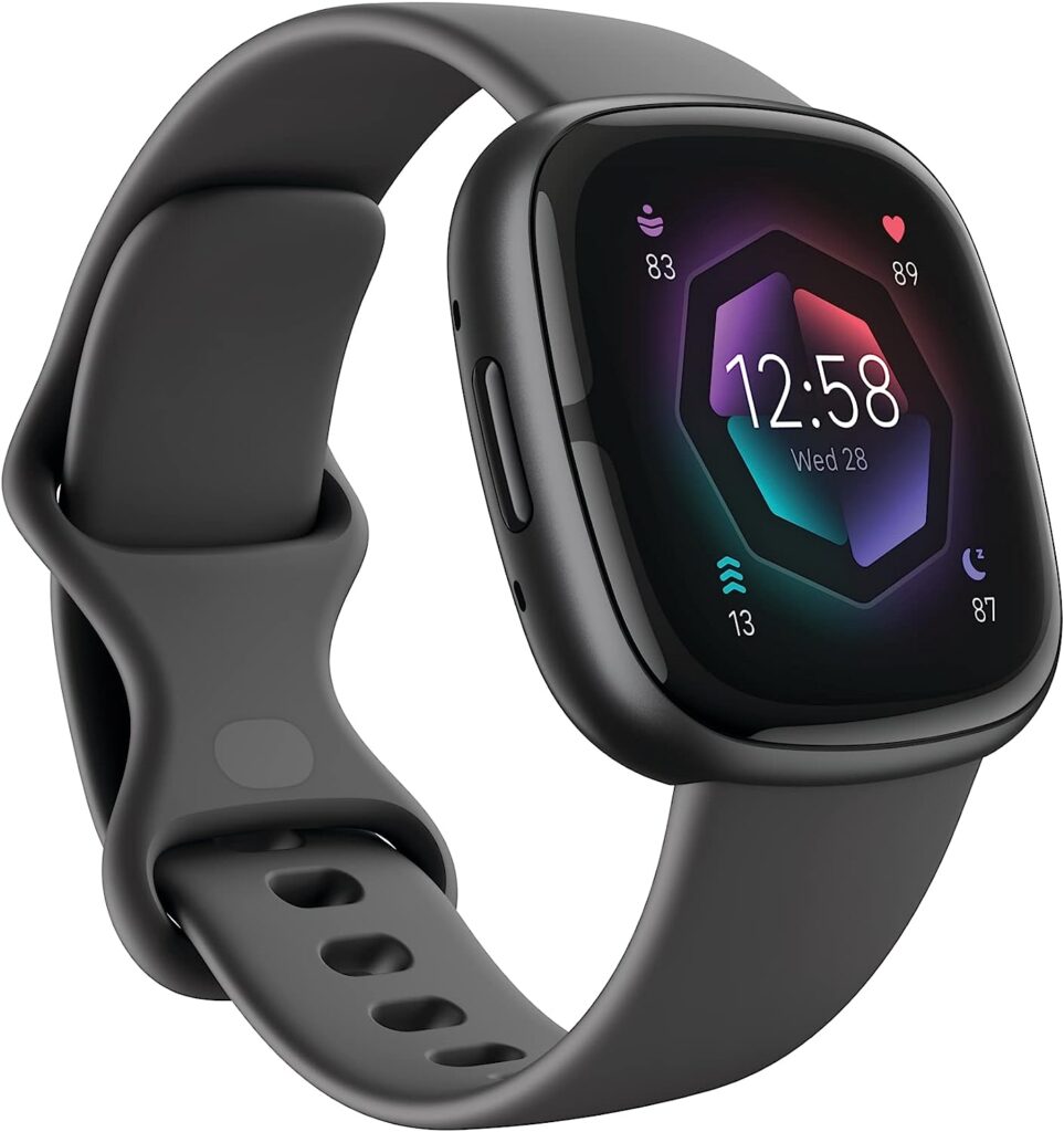 a fitbit sense 2 smart watch with a black band