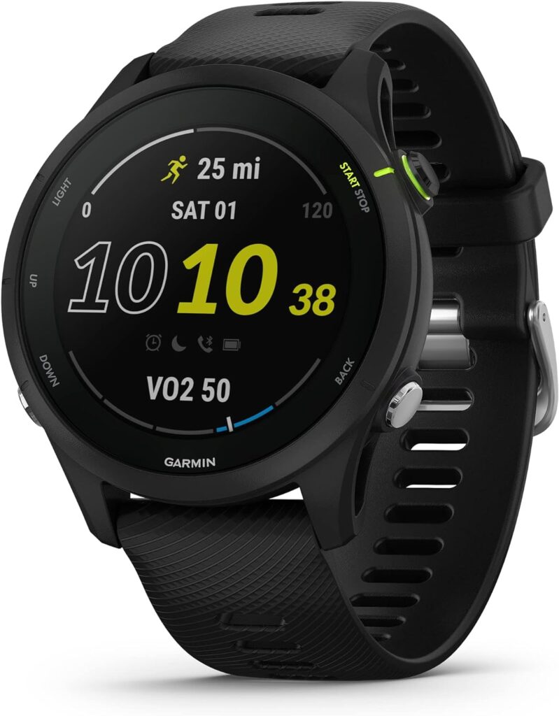 a Garmin Forerunner 255 black watch with yellow numbers and a black strap