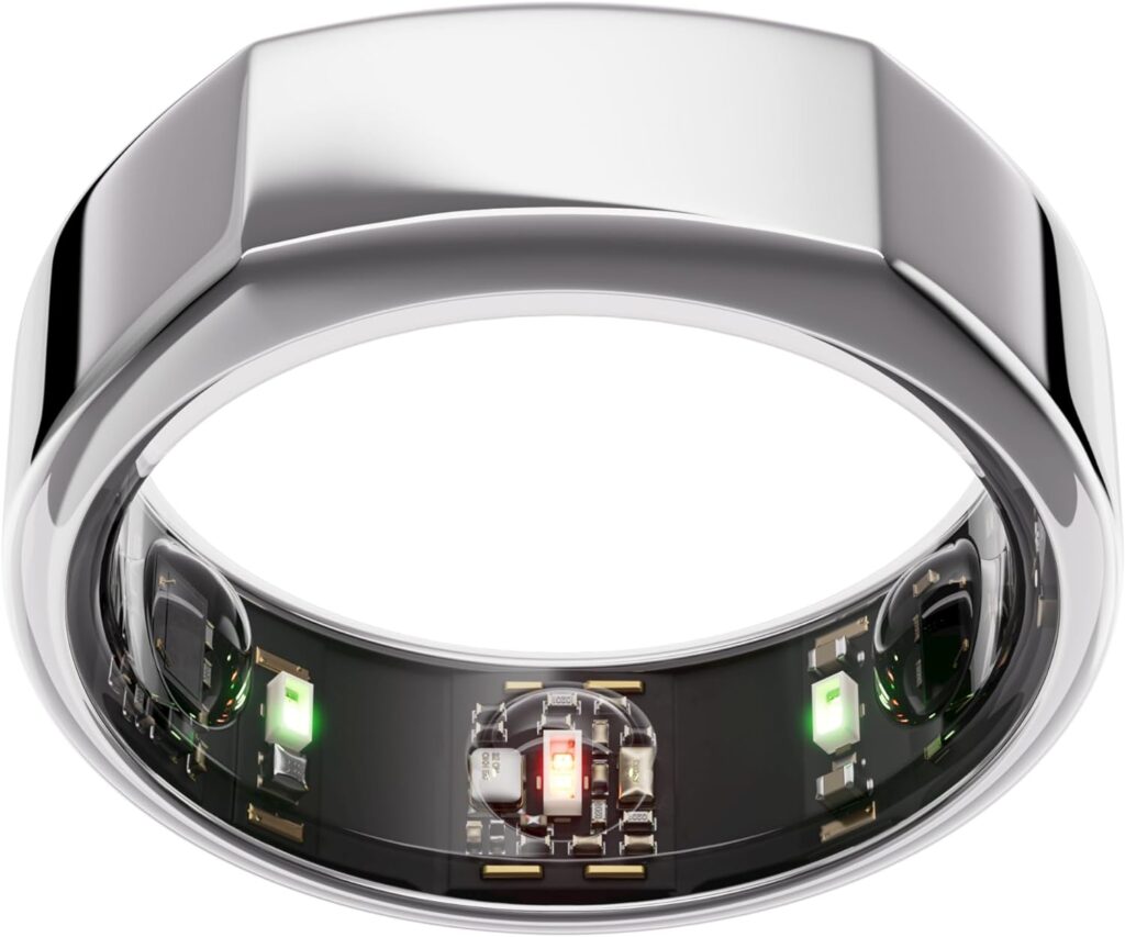 a silver Oura Ring Gen 3 with a light inside