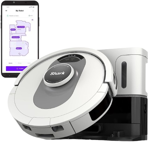 a Shark AI Ultra Voice Control Robot Vacuum cleaner next to a cell phone