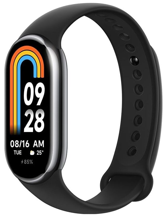 a Xiaomi Smart Band 8 smart watch with a black band