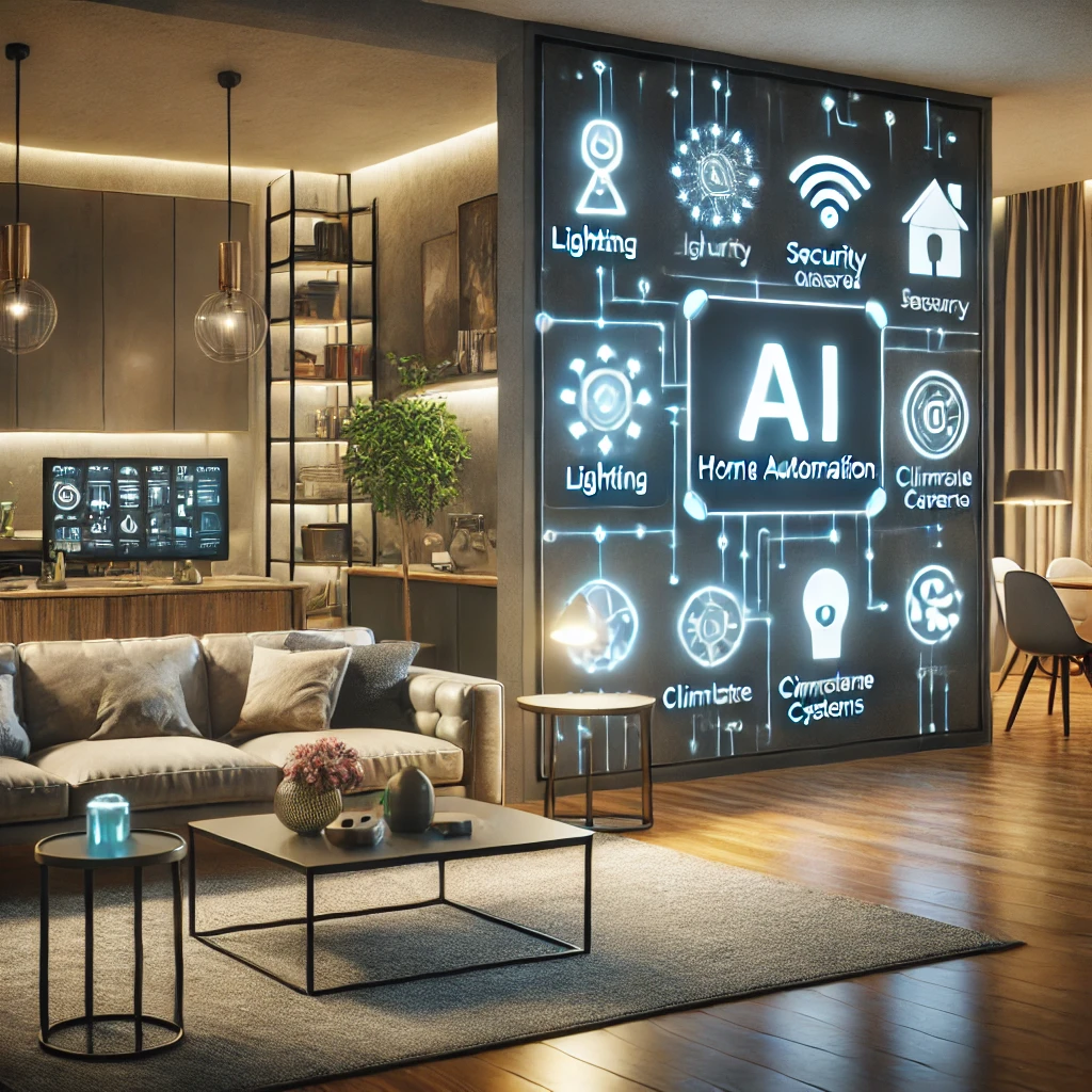 DALL·E 2024 10 31 23.23.37 A modern home interior with AI powered home automation in action showing various smart devices controlled by AI. A central screen displays a home aut