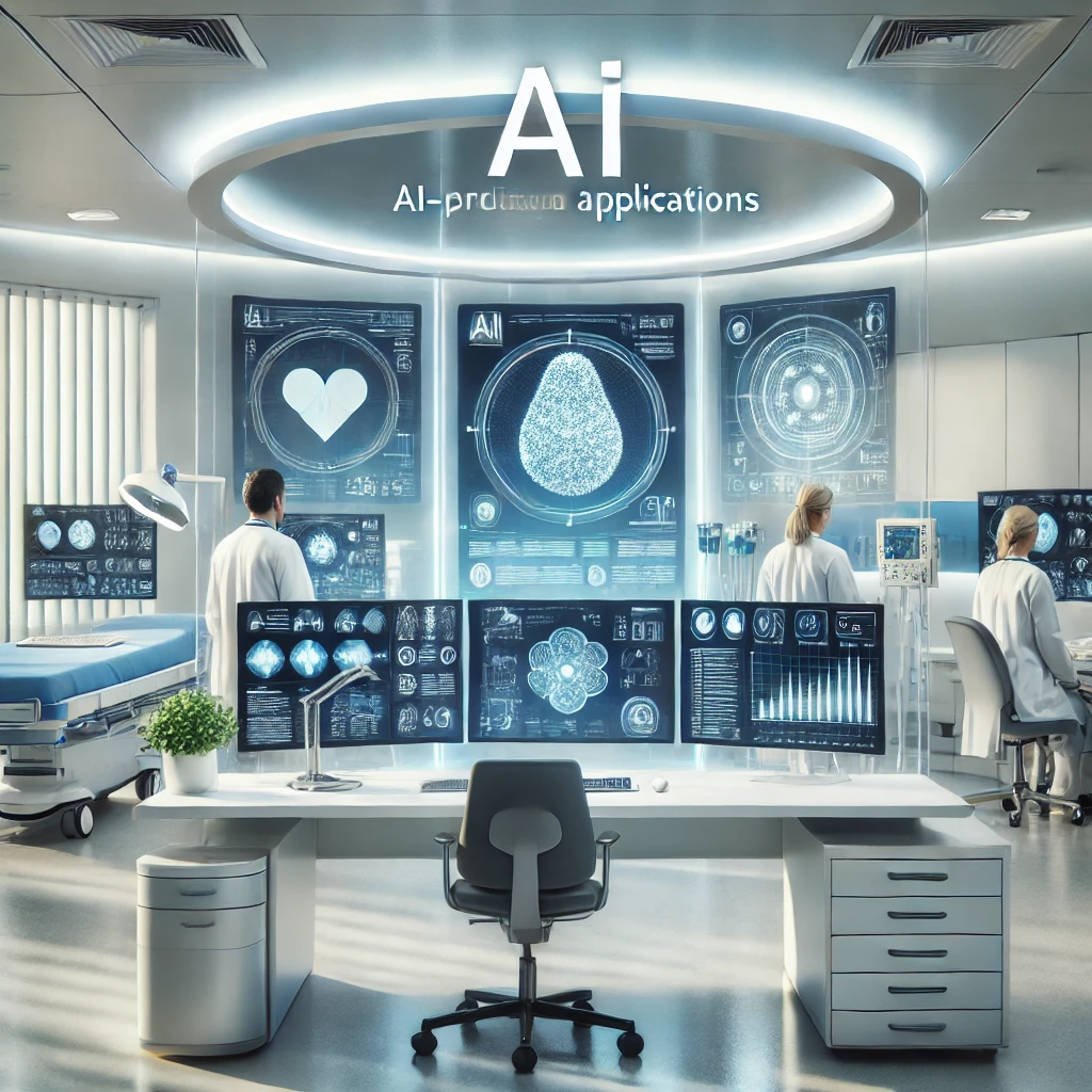 A high-tech healthcare setting showcasing AI applications, with medical professionals 