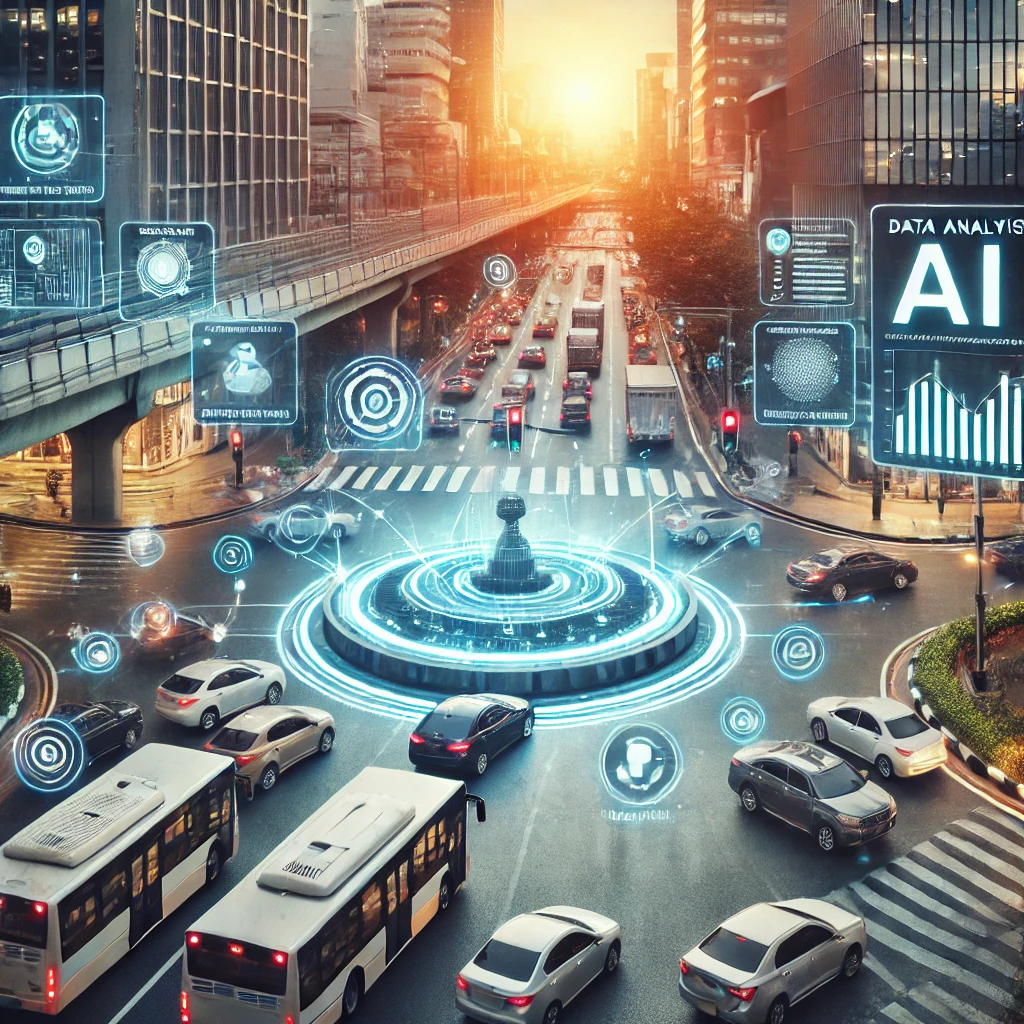 A city intersection with AI-powered smart traffic management system in action, featuring sensors, cameras, and digital traffic signals 