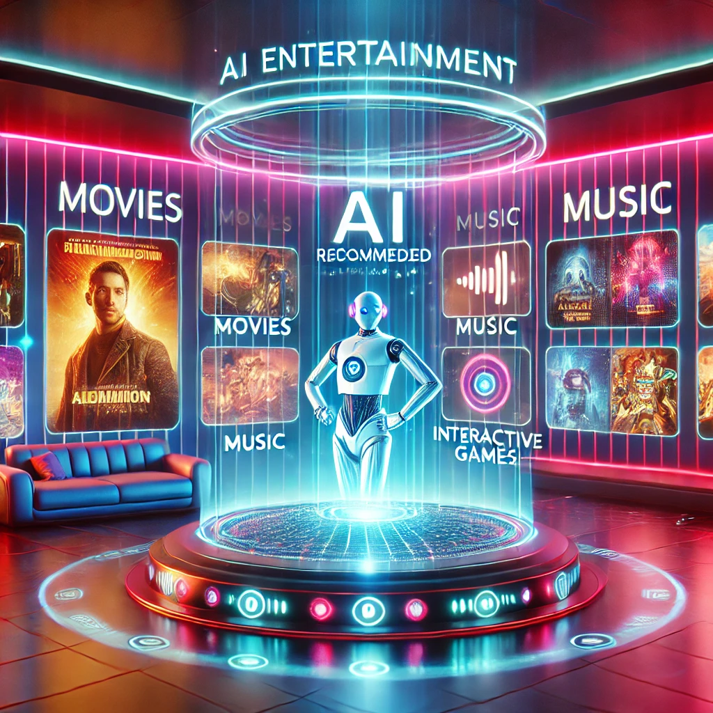 A futuristic entertainment setting featuring AI technology, with a digital interface recommending movies, music, and interactive games