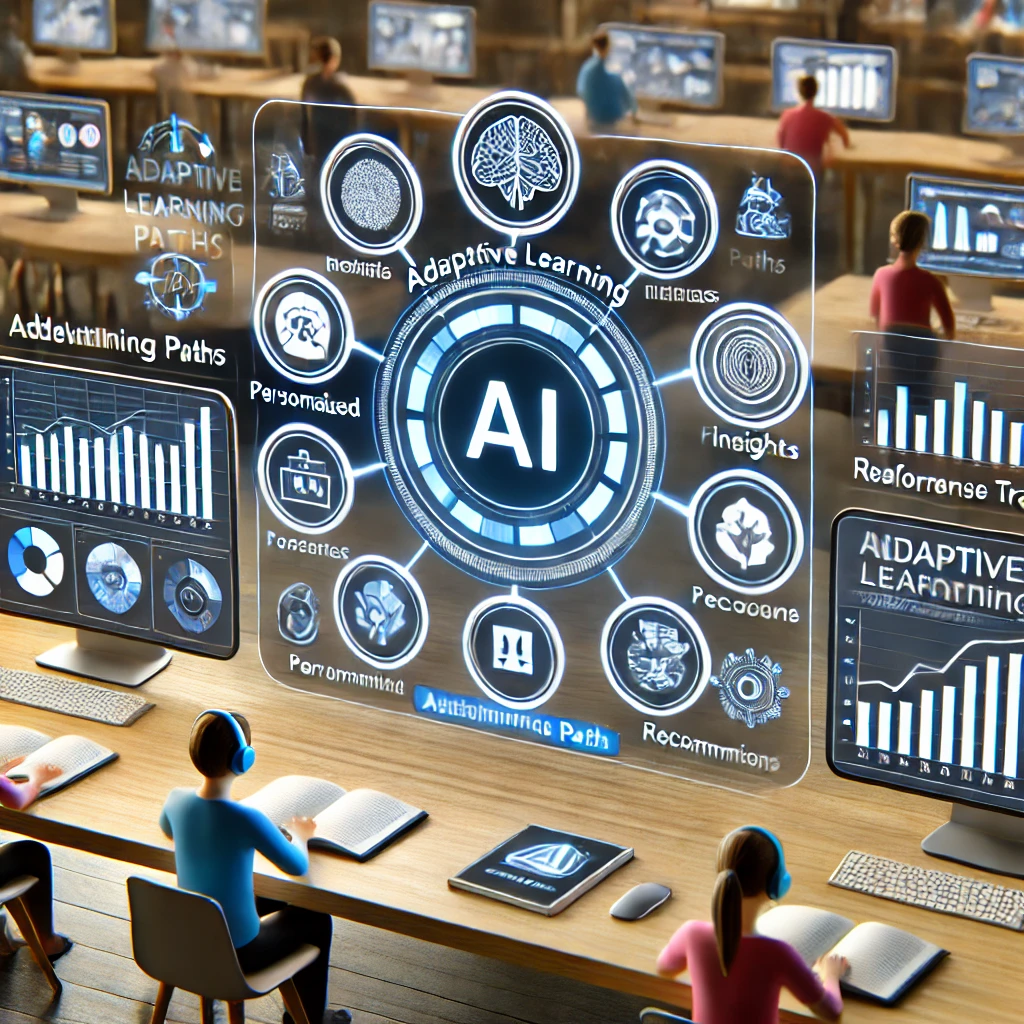 An image showcasing an AI-powered adaptive learning platform interface, with personalized learning paths, real-time progress tracking, and interactive tutorial