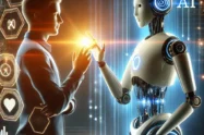 DALL·E 2024 11 01 19.48.55 An image depicting a harmonious interaction between AI and a human with a person engaging with a futuristic digital assistant or robot. The AI has a