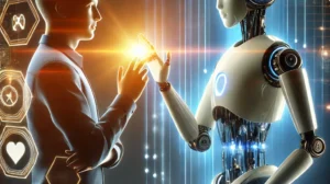 DALL·E 2024 11 01 19.48.55 An image depicting a harmonious interaction between AI and a human with a person engaging with a futuristic digital assistant or robot. The AI has a