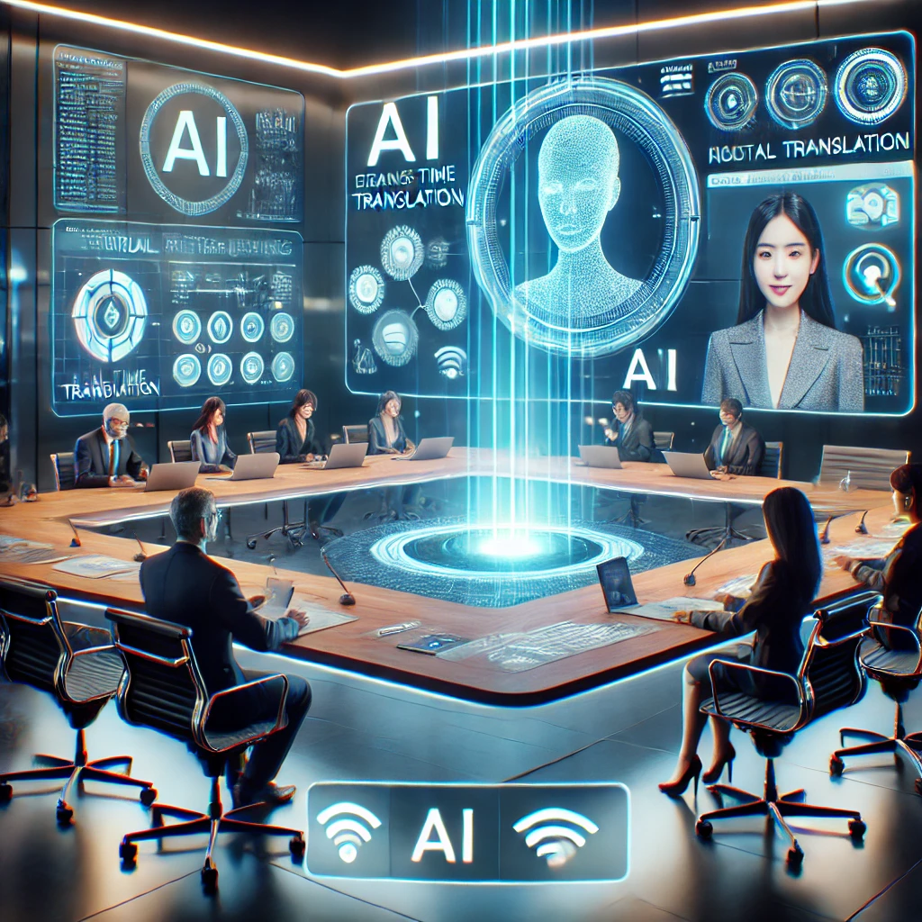 Futuristic AI virtual meeting scene with participants appearing as holograms or on digital screens, enhanced by AI technology. 