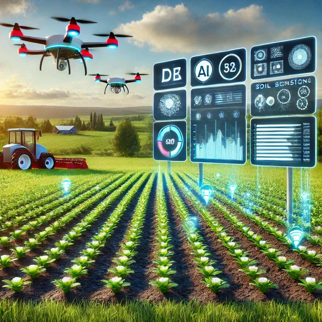 AI modern agricultural field showcasing AI-powered smart farming technology, with automated drones monitoring crops, soil sensors, and gathering data