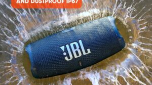 a JBL speaker in water with text above it